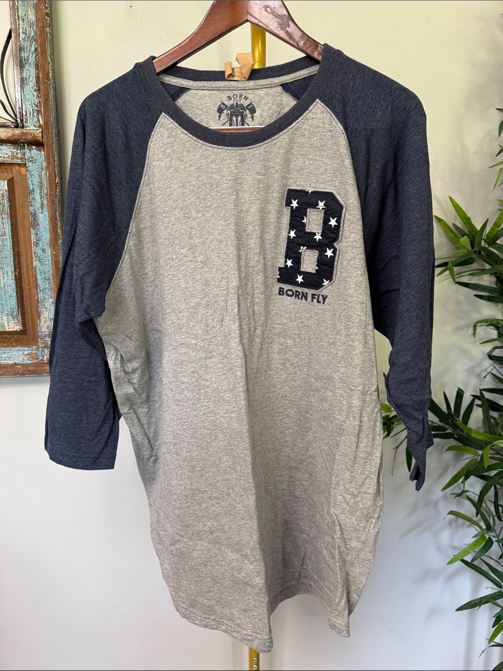Born Fly vintage Men's Grey & Navy Raglan three quarter Sleeve Jersey Tee
